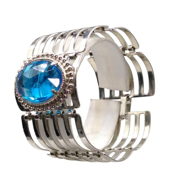 Large Oval Blue Crystal Bracelet, Royal Blue Faceted Glass on Silver Tone Lightw - Picture 3 of 5